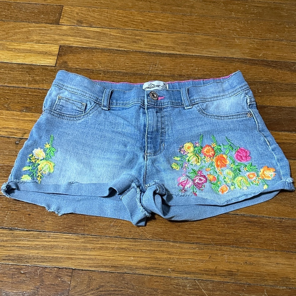 Jordache Girl’s Blue Jean Shorts with Floral Embroidery, Sz 14